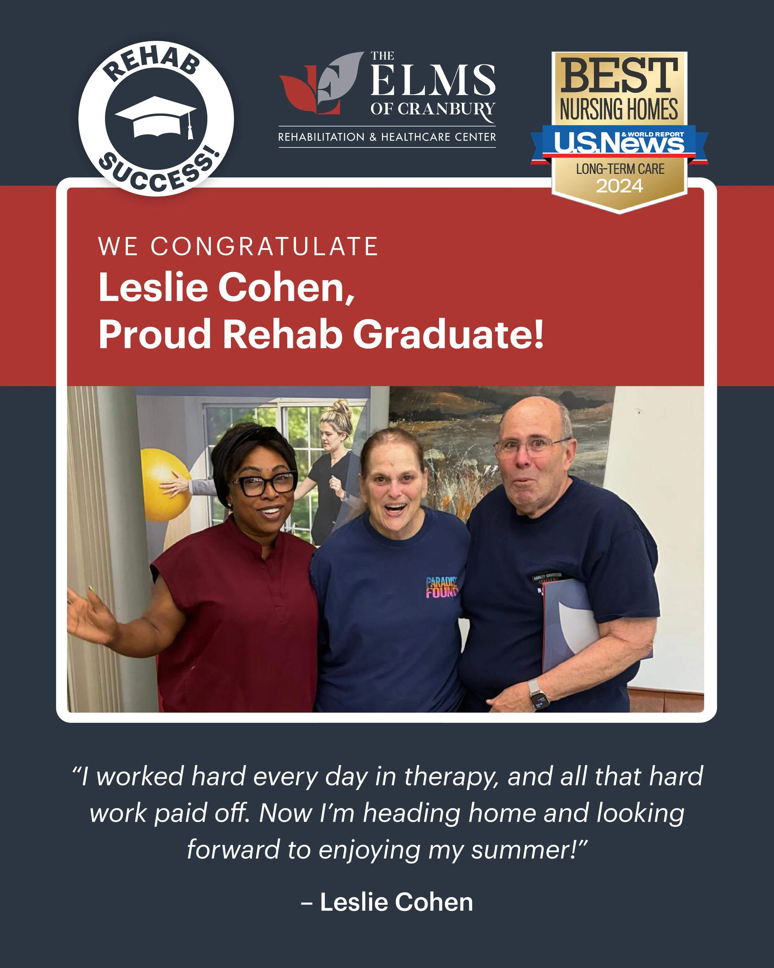 Leslie Cohen: Rehab success story at The Elms of Cranbury, NJ