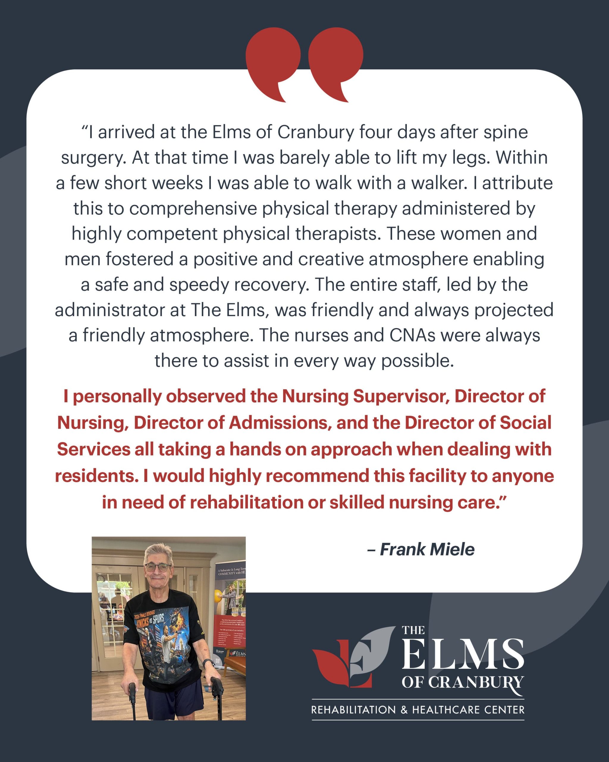 Frank Miele: Rehab success story at The Elms of Cranbury, NJ